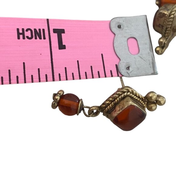 Sterling Silver Gold Plated Carnelian Drop Earring studs ornate oriental - Picture 8 of 8